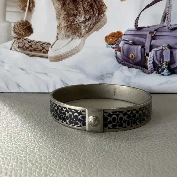 Coach Signature Black Silver Tone Bangle Bracelet - Picture 7 of 8